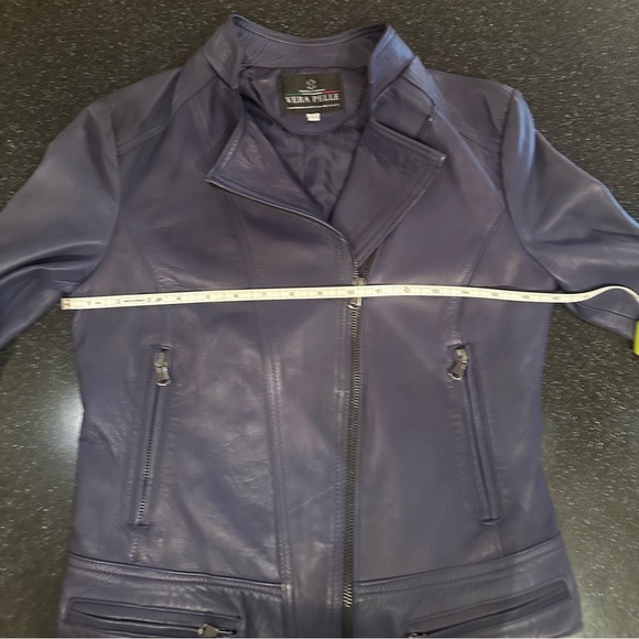 Genuine Italian leather motorcycle jacket in dark blue, fits like a S or XS. - Picture 12 of 12